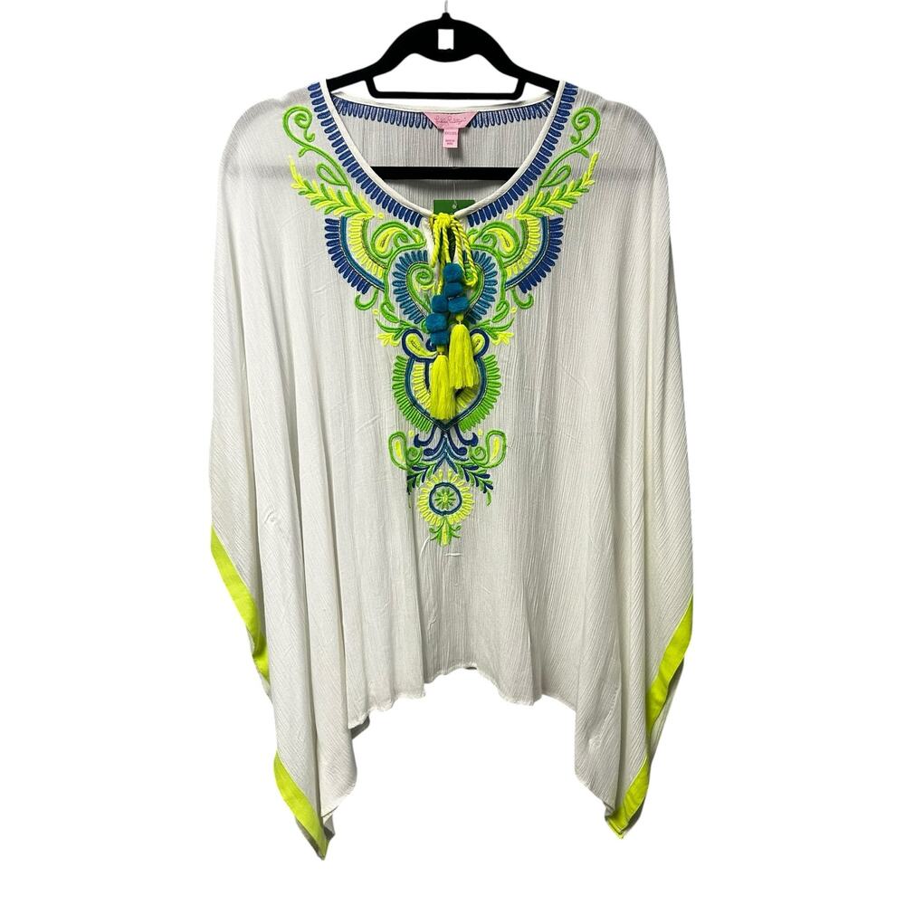 NWT Lilly Pulitzer Resort White Green Blue Tassel Tie Cait Caftan Top XXS / XS